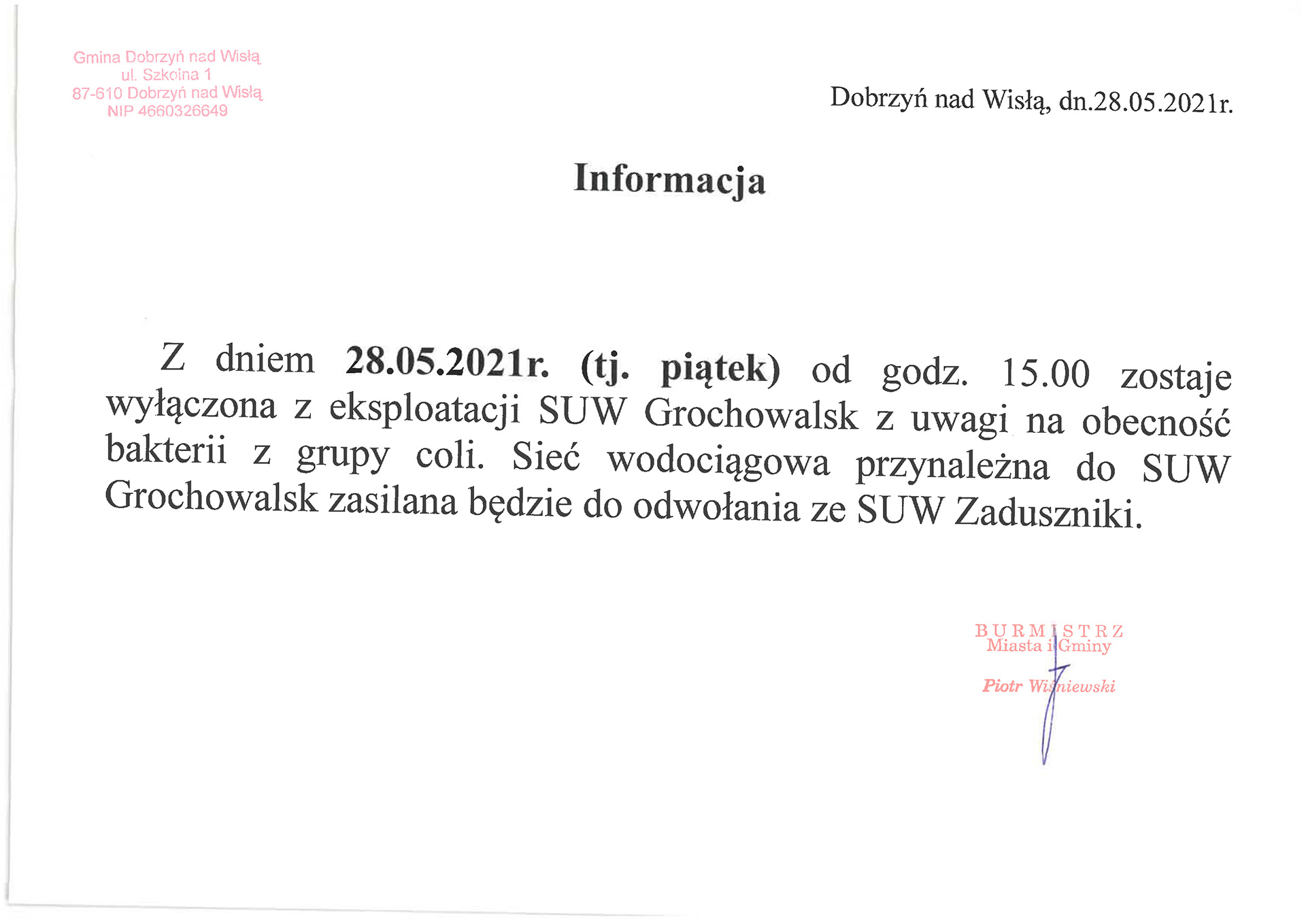 informacja podpisana przez burmistrza